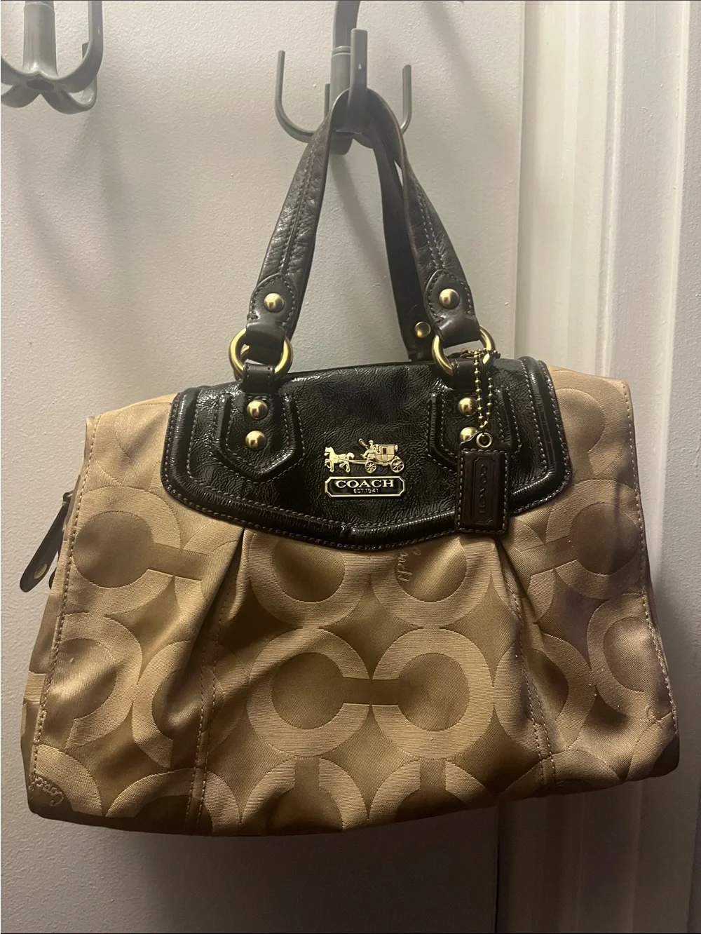 Coach Signature Shoulder Bag in Tan and Brown with Gold Hardware